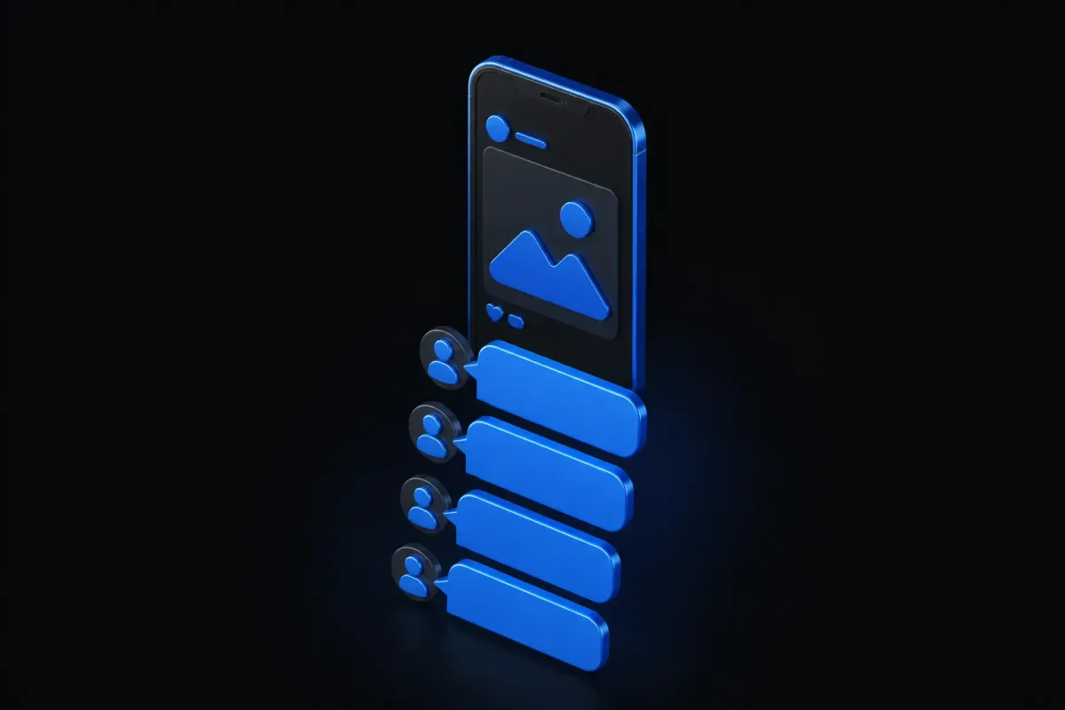 A smartphone post with a stack of glossy speech-bubble replies beneath it
