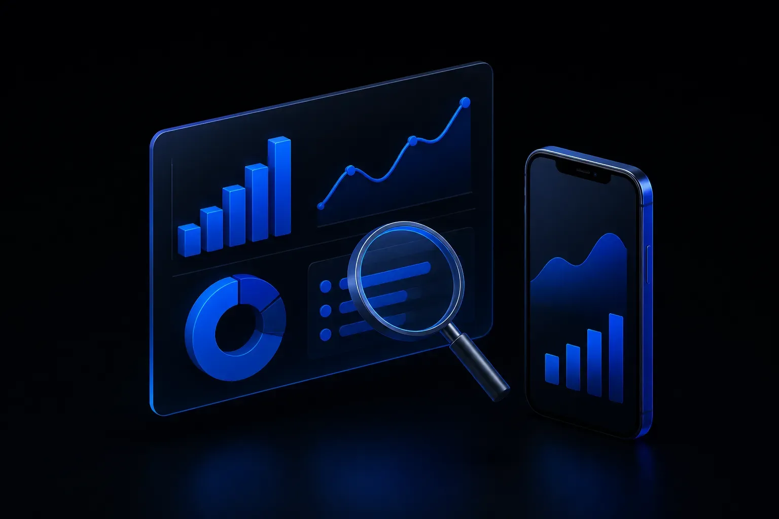A 3D smartphone showing a post with a glowing bar-chart icon, surrounded by floating graphs, a magnifying glass and a small calendar
