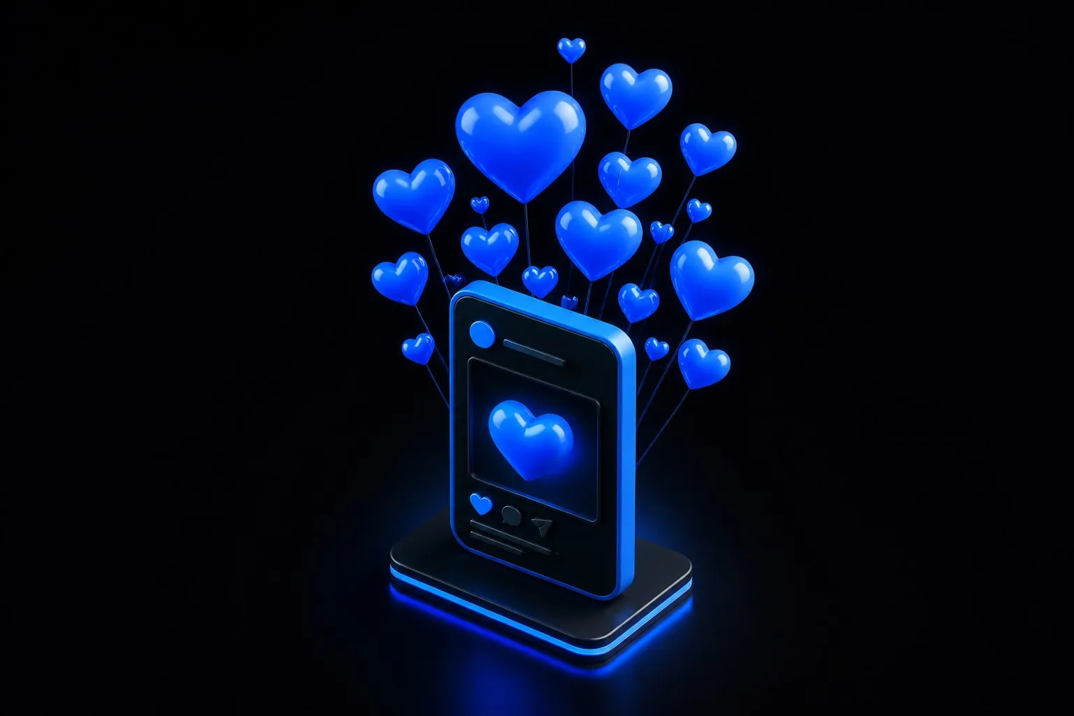 A 3D smartphone showing a post with a glowing heart icon, surrounded by floating pink hearts and a rising counter