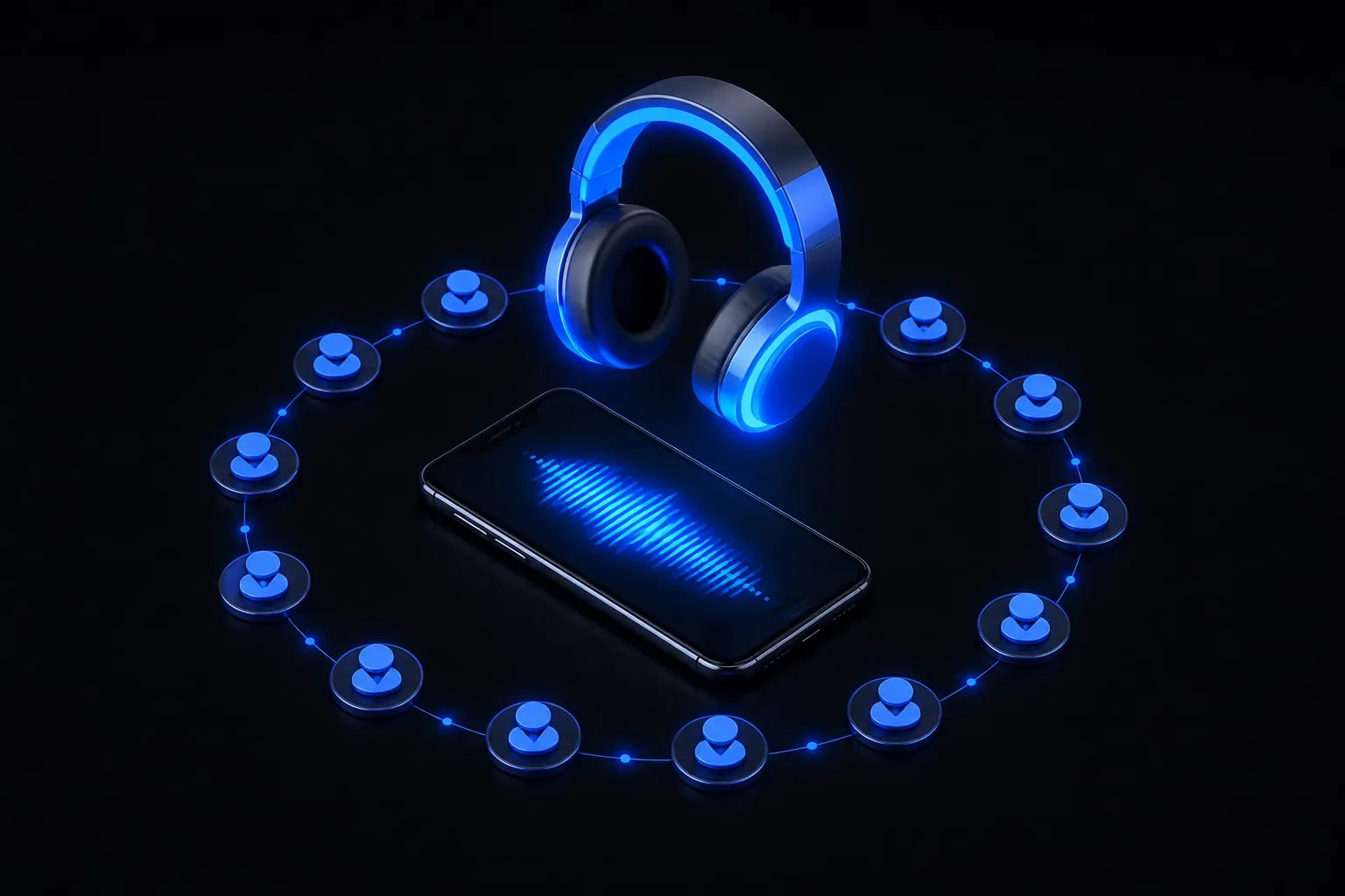 A 3D glowing microphone in the center of a circle of headphone-wearing listener avatars with rising sound waves