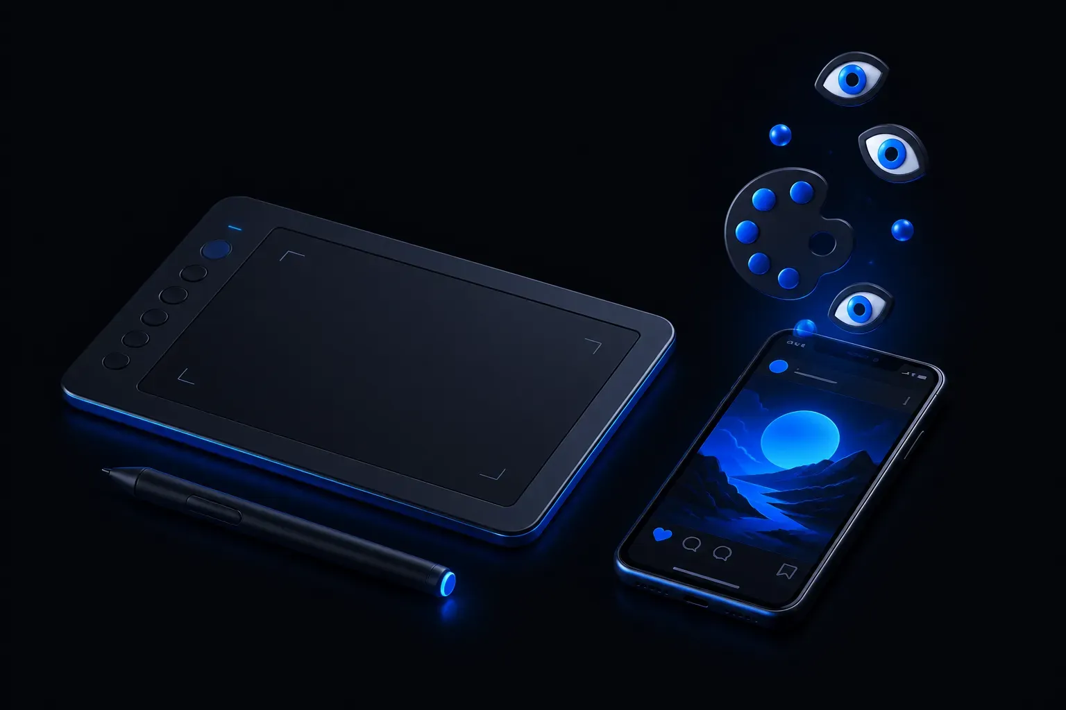 A 3D smartphone on a drawing tablet showing an illustration post, with a stylus, paint splashes and floating eye and heart icons