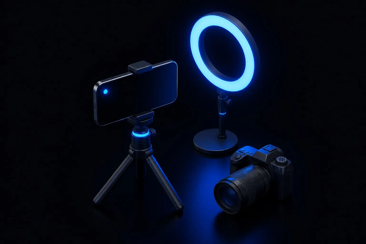 A smartphone on a small tripod streaming live, with a red LIVE badge, floating hearts and chat bubbles around it