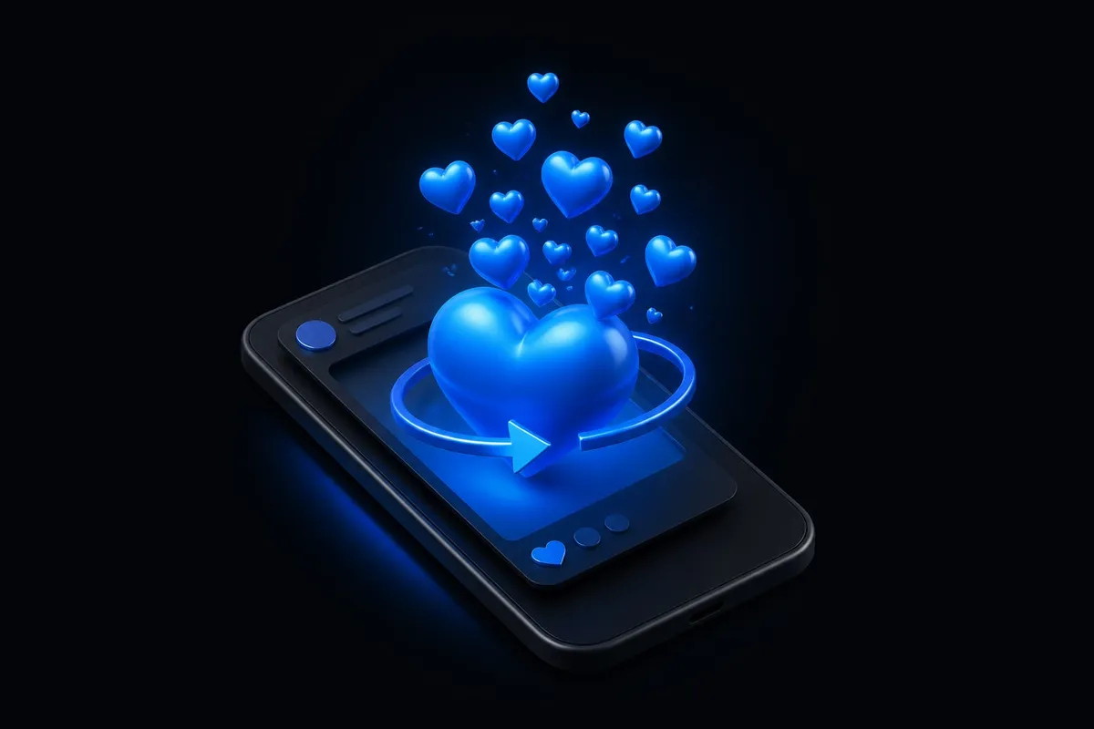 A 3D smartphone showing an X post with a glowing heart button and a stream of red hearts rising above it