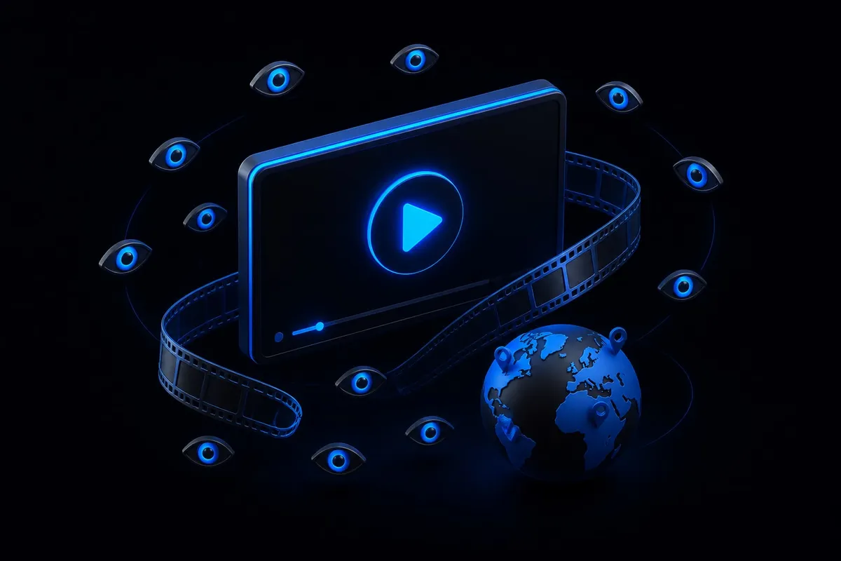 A floating video player with a glowing play button, orbiting eye icons and a world globe