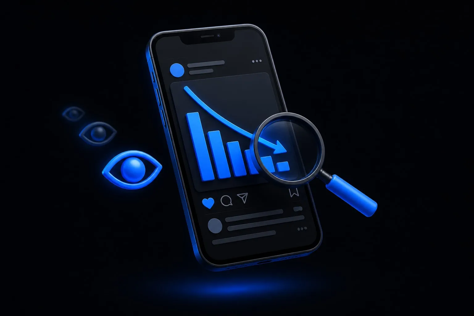 A 3D bar chart with the last bars sinking, next to a magnifying glass hovering over a smartphone showing a post