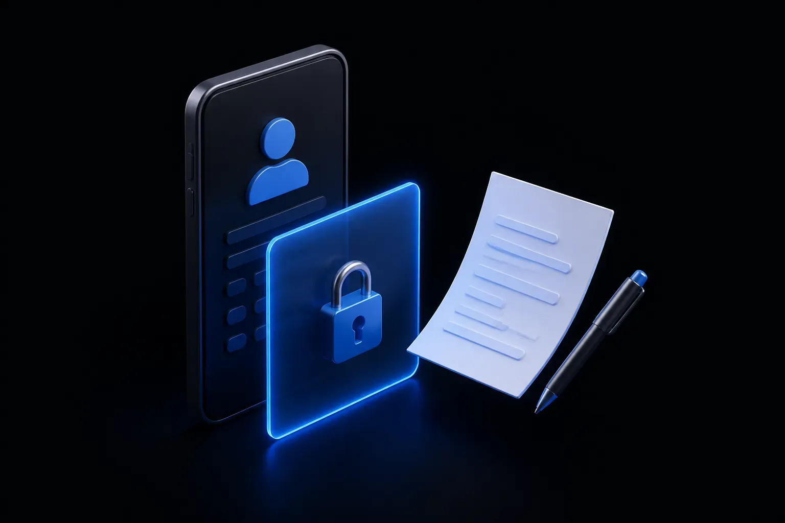 A 3D smartphone showing a profile card sealed with red caution tape, a padlock and a small paper appeal form beside it