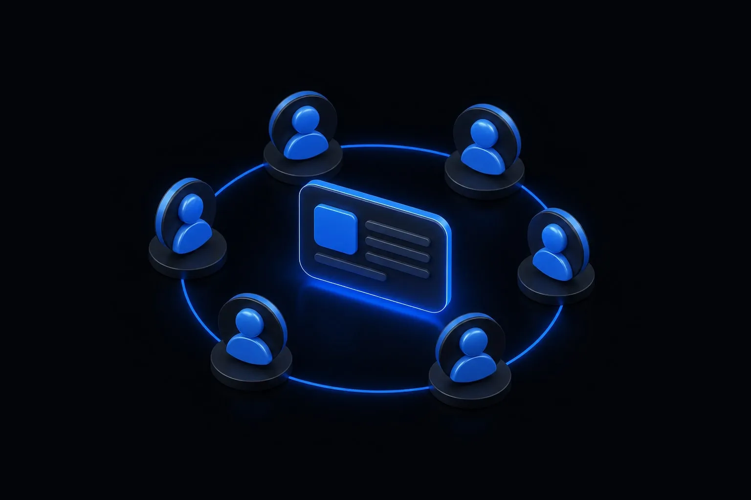 A 3D cluster of small avatar figures gathered on a round floating platform, connected by speech bubbles, with a smartphone showing a group page behind them