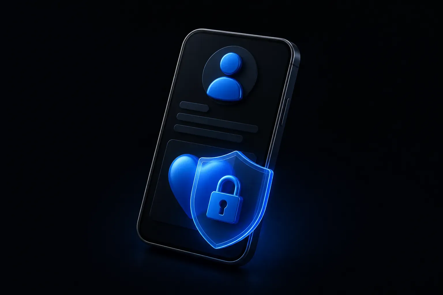A 3D smartphone profile page with an empty tab slot where a heart icon used to be, and the heart locked inside a small glass box beside it
