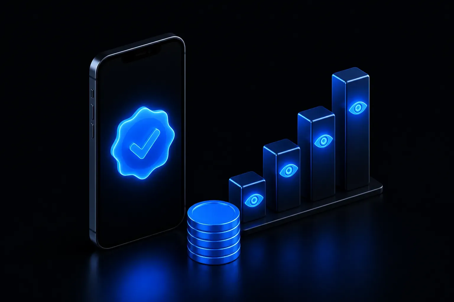A smartphone with a glowing badge on screen next to a stack of blue coins and a rising chart of eye icons
