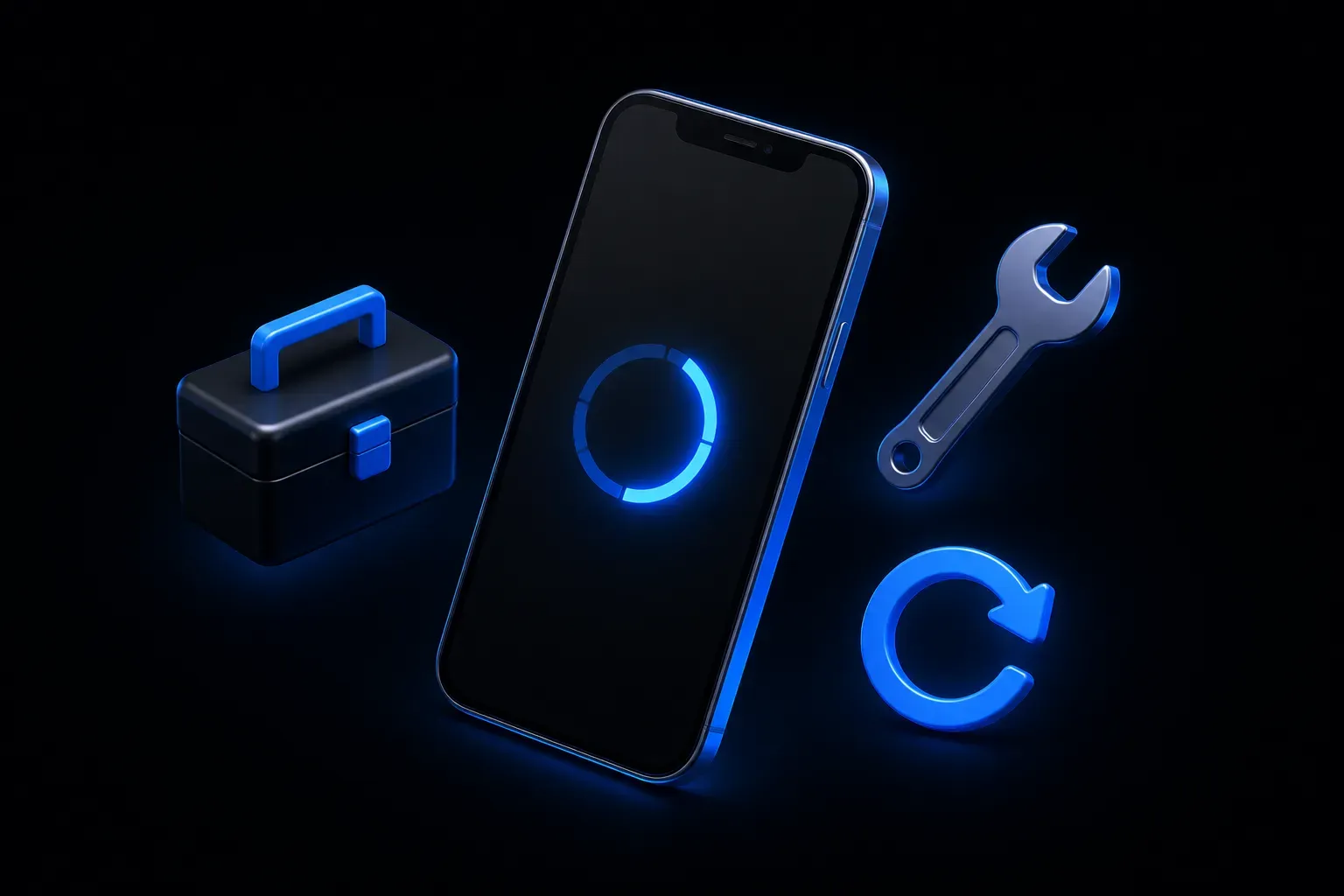 A 3D smartphone showing a blank X timeline with a loading spinner, surrounded by a wrench, a Wi-Fi symbol and a refresh arrow