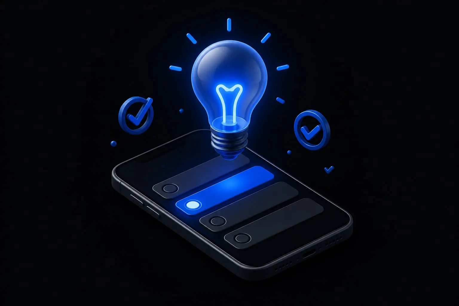A 3D smartphone showing a four-option poll, surrounded by floating lightbulbs, a trophy, a game controller and speech bubbles