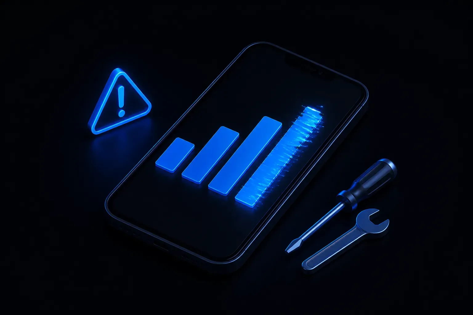 A smartphone poll with a flickering bar being repaired with a wrench and screwdriver