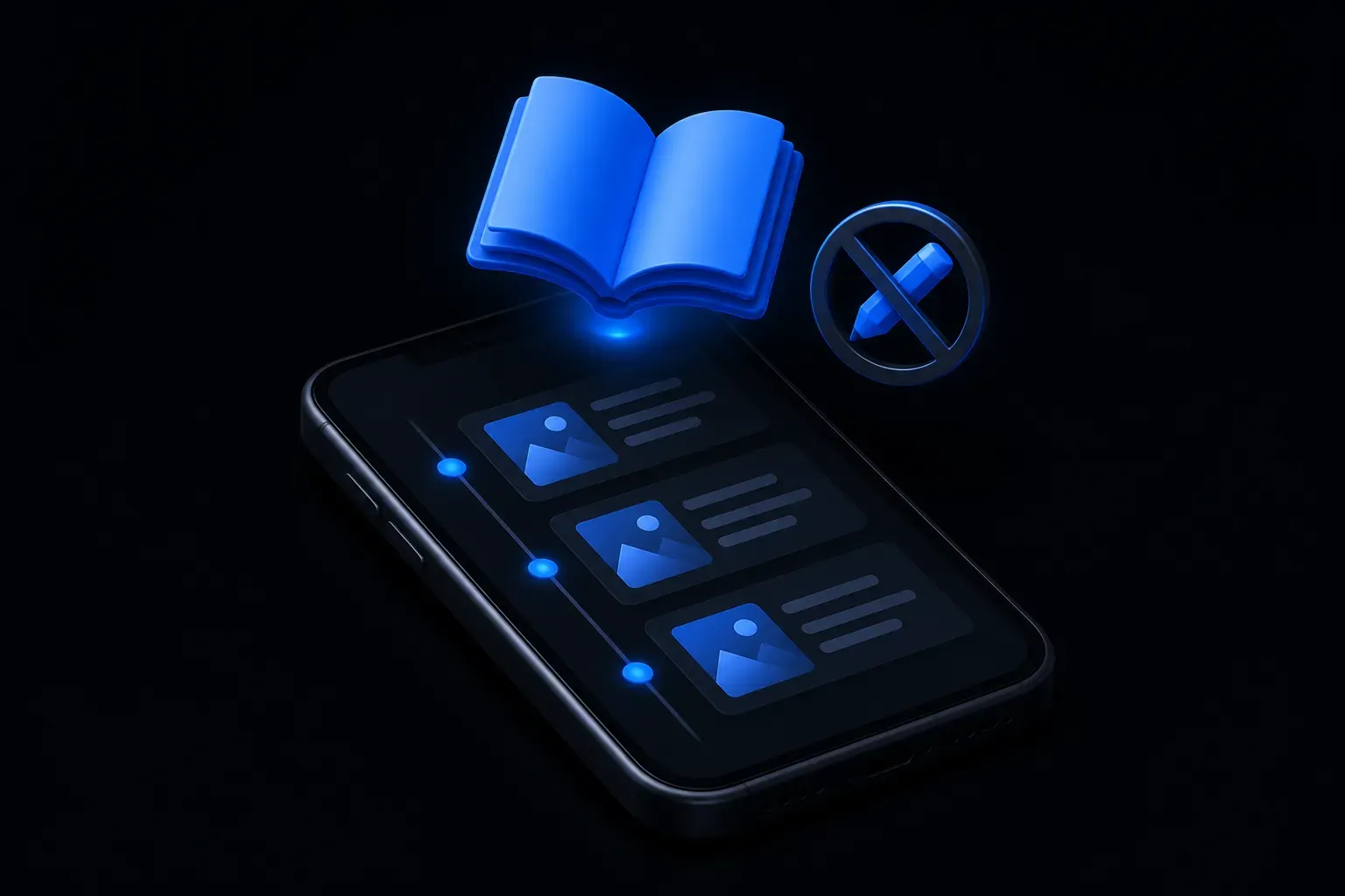 A 3D smartphone behind a translucent glass pane with a small eye icon on top, a padlock and a key resting beside it