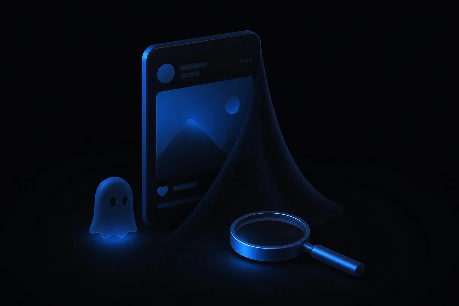 A 3D smartphone half-covered by a dark shadow, with a flashlight beam revealing a profile card and a search bar