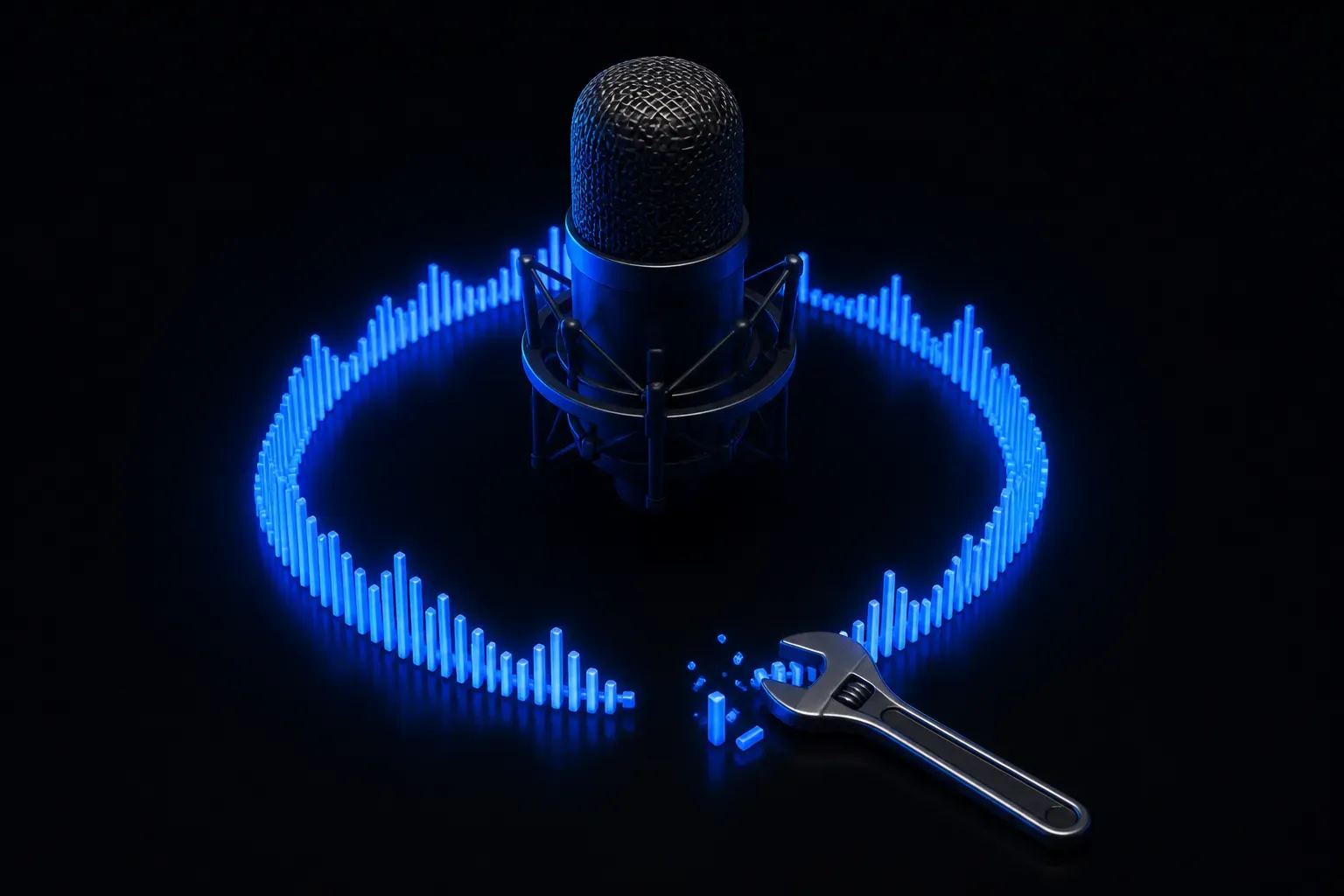A 3D purple audio room with a glowing microphone, a broken sound wave and a small wrench tightening a speaker icon
