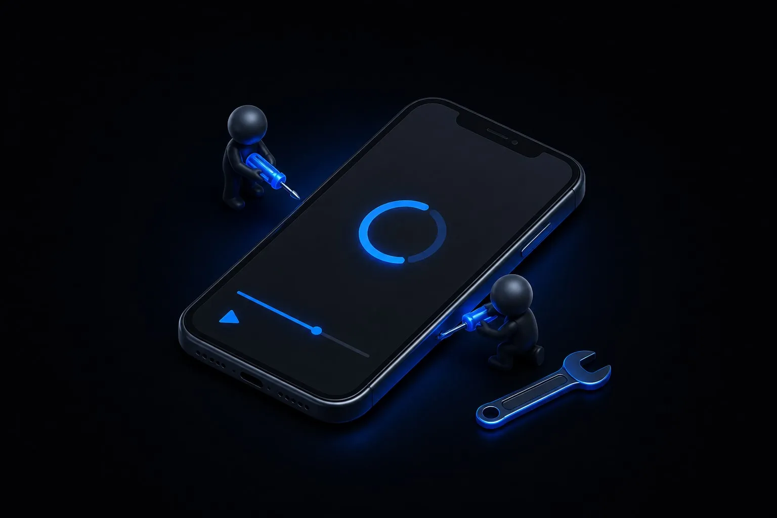 A 3D smartphone showing a video player with a spinning loading circle, surrounded by a wrench, a Wi-Fi symbol and a refresh arrow